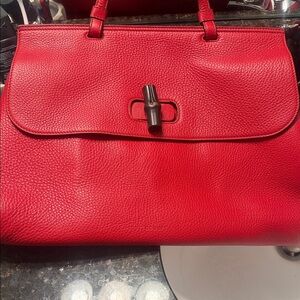 Gucci Red Pebbled Leather Bamboo Toggle Top-Handle Tote